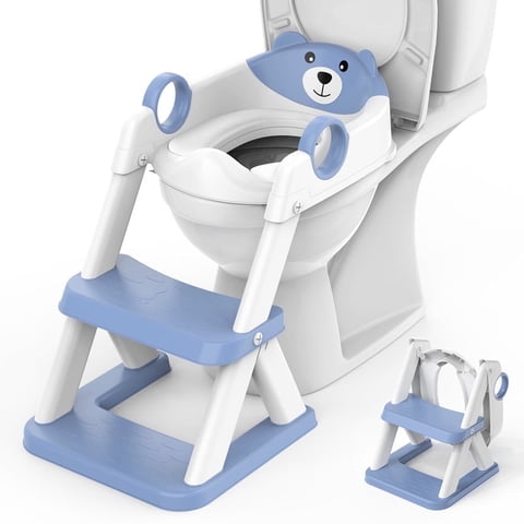 Babyomi Toddler Potty Training Seat with step stools, Foldable Adjustable Toilet Ladders with Handles & Splash Guard for kid,BLUE