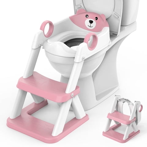Babyomi Toddler Potty Training Seat with step stools, Foldable Adjustable Toilet Ladders with Handles & Splash Guard for kid, Pink