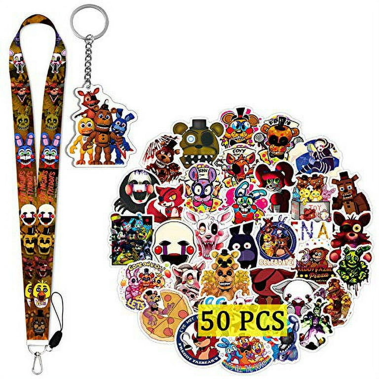 Babymiu FNAF Stickers 50 PCS with FNAF Lanyard and Freddy Figure Keychain for Laptop FNAF Decorations Gifts
