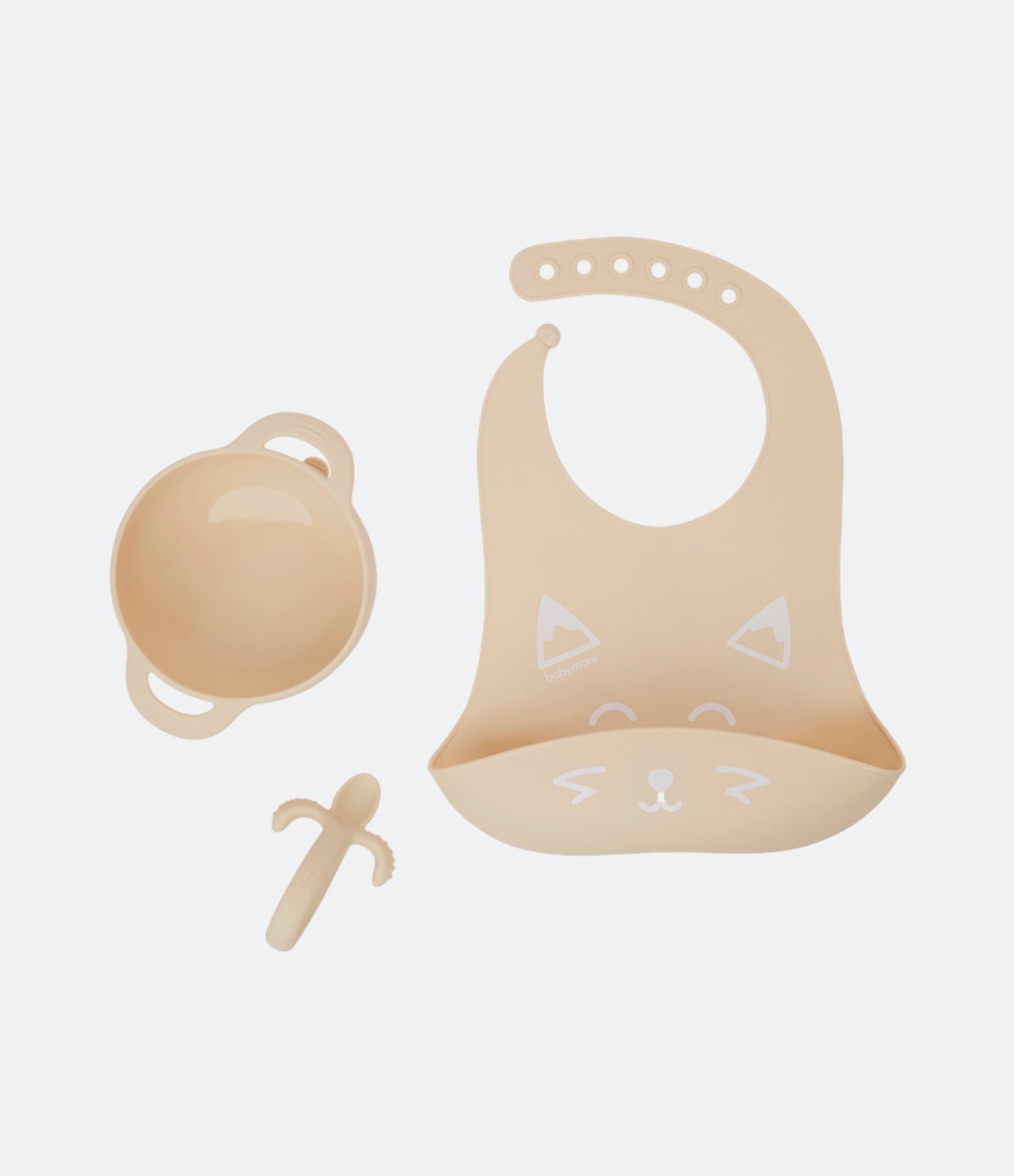 Beige Silicone Baby Feeding Set with Bowl, Spoon, and Bib