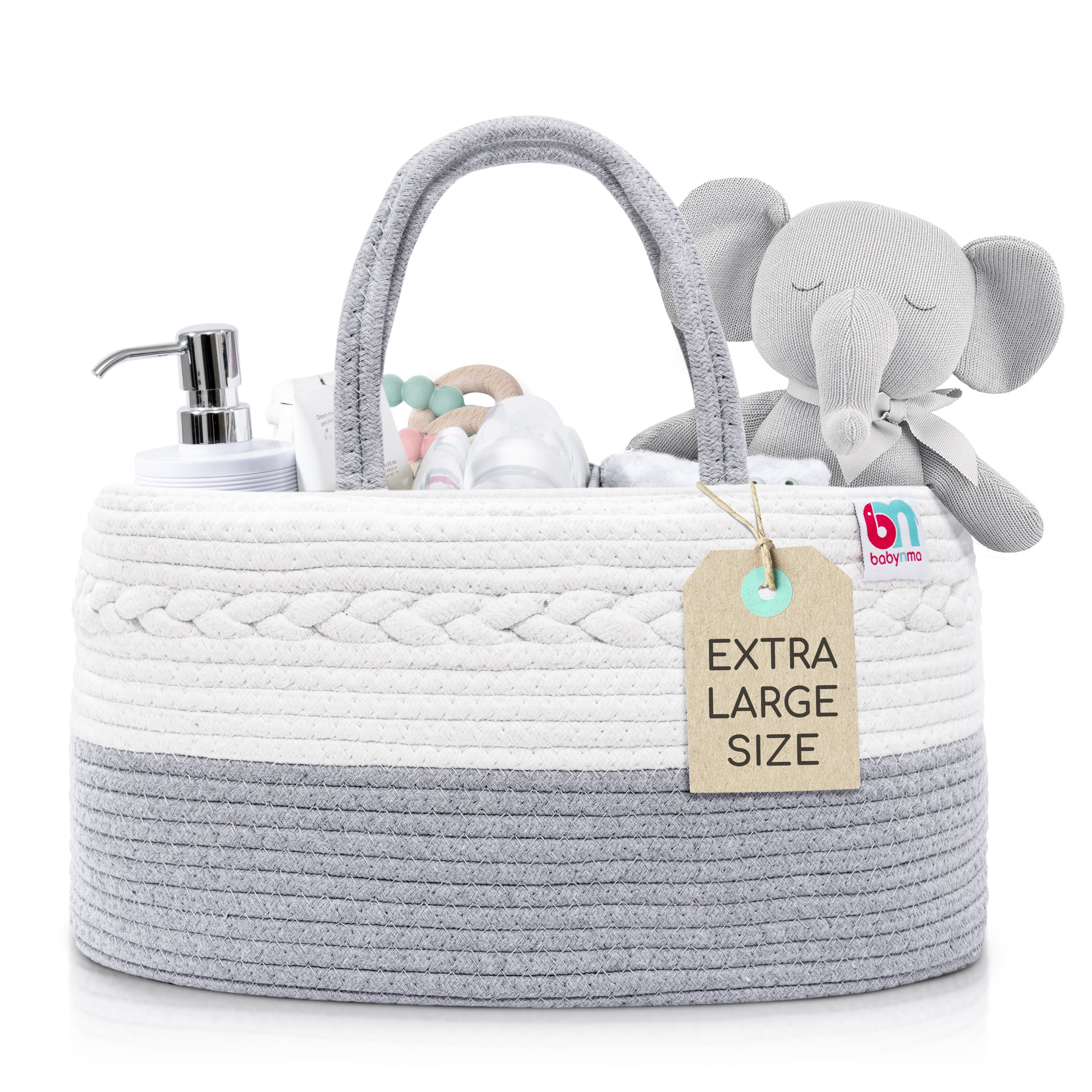 Babynma Rope Diaper Caddy - Extra Large Storage for Baby and Toddler Items - Convenient Organizer for Nursery, Bedroom, Living Room, Car - Baby Shower and Registry Gift - White and Grey