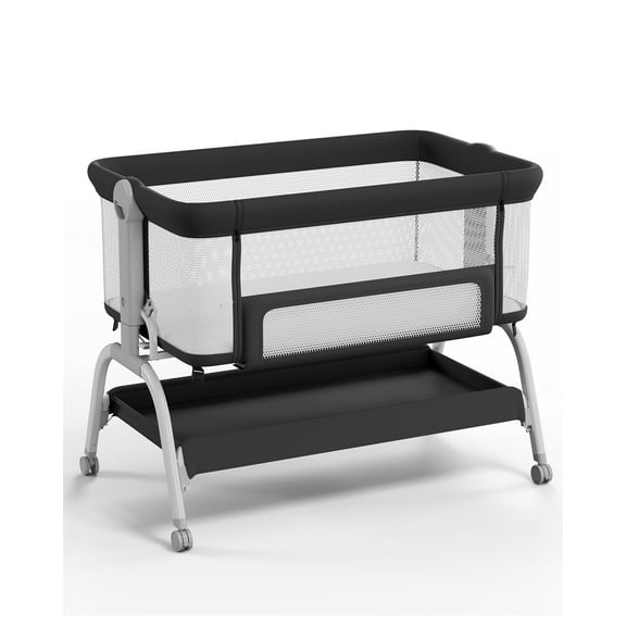 Babyomi 3 In 1 Baby Bassinet, Portable Playard With Storage Basket and Wheels, Adjustable Height Bassinet Bedside Sleeper, Easy Folding Portable Crib for Newborn, Black