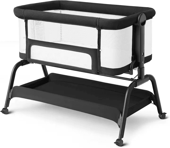 Babyomi 3 In 1 Baby Bassinet, Portable Playard With Storage Basket and Wheels, Adjustable Height Bassinet Bedside Sleeper, Easy Folding Portable Crib for Newborn, Black