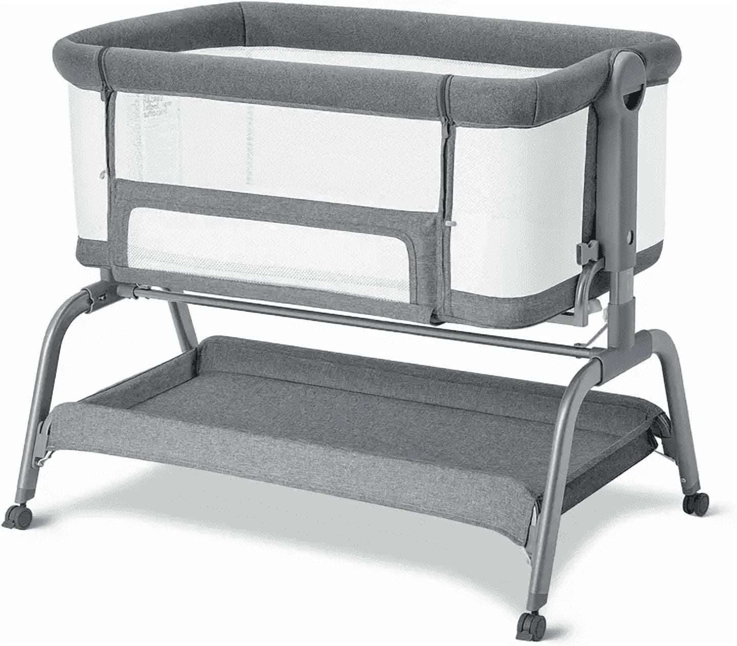 Babyomi 3 In 1 Baby Bassinet, Portable Playard With Storage Basket and Wheels, Adjustable Height Bassinet Bedside Sleeper, Easy Folding Portable Crib for Newborn, Grey