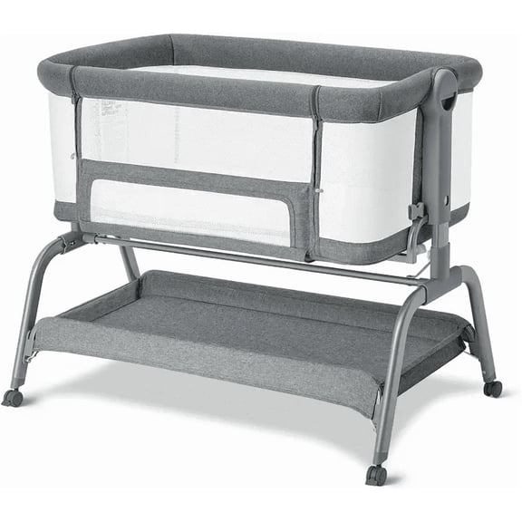 Babyomi 3 In 1 Baby Bassinet, Portable Playard With Storage Basket and Wheels, Adjustable Height Bassinet Bedside Sleeper, Easy Folding Portable Crib for Newborn, Grey