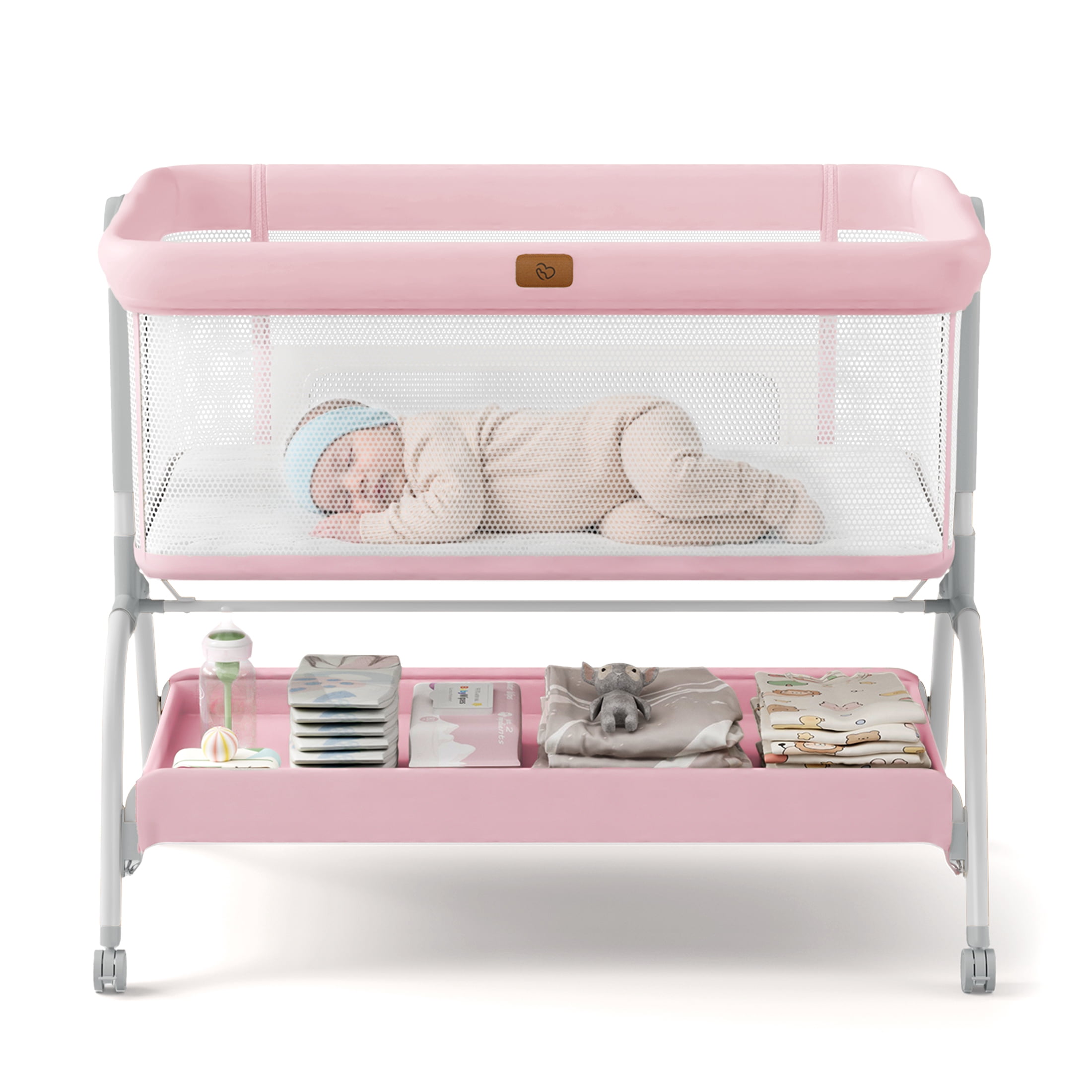 Babyomi 3 In 1 Baby Bassinet, Portable Playard With Storage Basket and Wheels, Adjustable Height Bassinet Bedside Sleeper, Easy Folding Portable Crib for Newborn, Pink