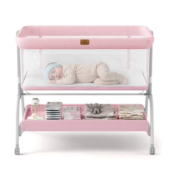Babyomi 3 In 1 Baby Bassinet, Portable Playard With Storage Basket and Wheels, Adjustable Height Bassinet Bedside Sleeper, Easy Folding Portable Crib for Newborn, Pink