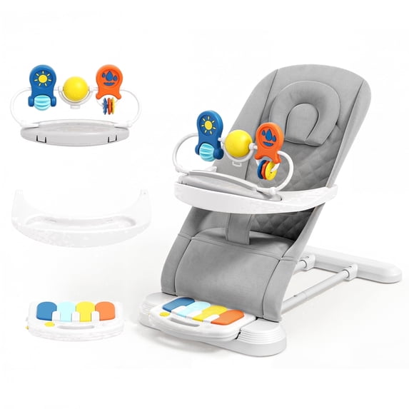 Babyomi 4-1 Baby Bouncer , 3-Level Recline Foldable Rocker for Infant to Toddler 0-6 with Detachable Pianos, Feeding Tray and Play Bar 12-24 Months, Girls and Boys Gift, Gray