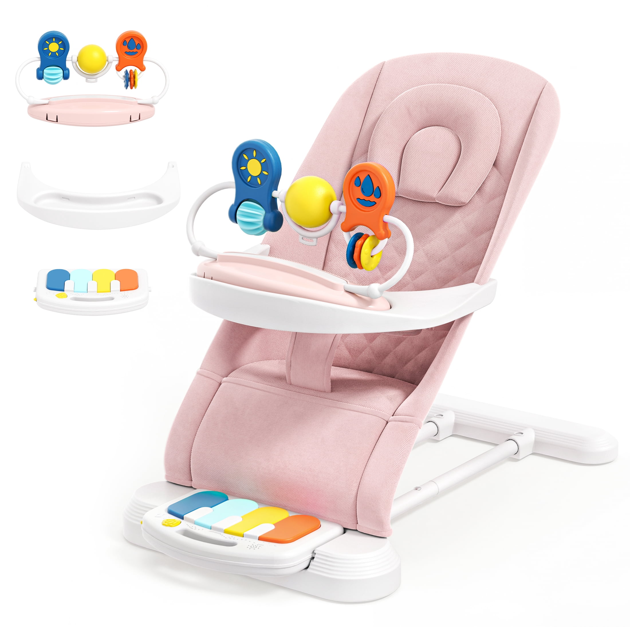 Babyomi 4 in 1 Baby Bouncer, 3-Level Recline Foldable Rocker for Infant to Toddler 0-6 with Detachable Pianos, Feeding Tray and Play Bar 12-24 Months, Girls and Boys Gift, Pink