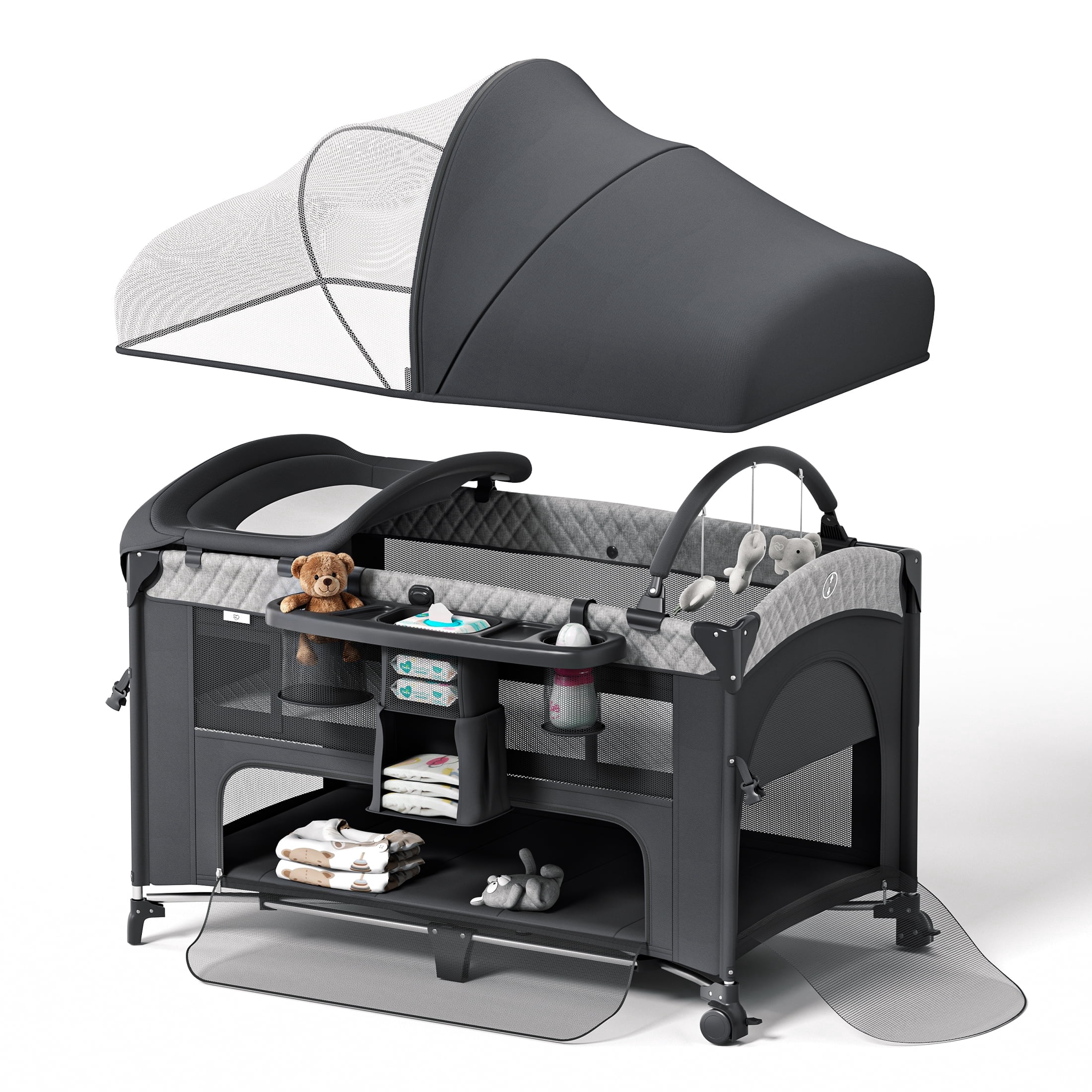 Opvouwbare Babycommode met Wielen, Zijmand en Kledingstang - Draagbare
