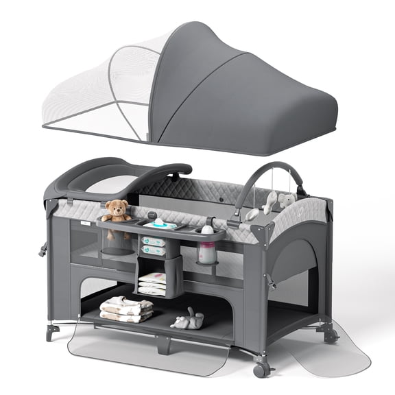 Babyomi 4 in 1 Baby Bassinet with Diaper Changer, Long Next to Bed Crib with Mattress,Height Adjustable,Pack and Play,Bedside Crib Sleeper, Gray