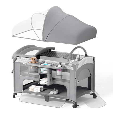 Babyomi 4 in 1 Pack and Play Baby Bassinet with Diaper Changer, Long Next to Bed Crib with Mattress,Height Adjustable,Bedside Crib Sleeper, Gray