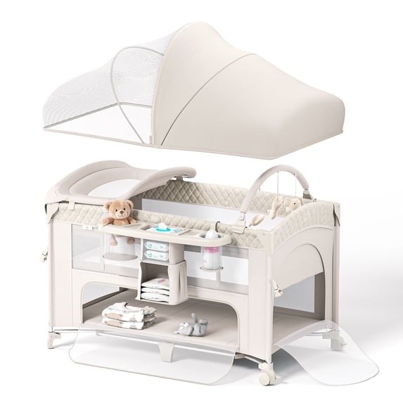 Babyomi 4 in1 Baby Bassinet with Diaper Changer, Long Next to Bed Crib with Mattress, Height Adjustable, Pack and Play, Bedside Crib Sleeper, Beige