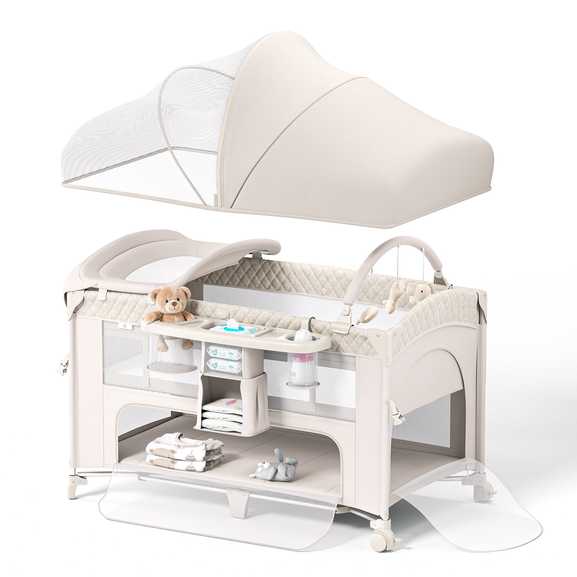 Babyomi 4 in1 Baby Bassinet with Diaper Changer, Long Next to Bed Crib with Mattress, Height Adjustable, Pack and Play, Bedside Crib Sleeper, Beige