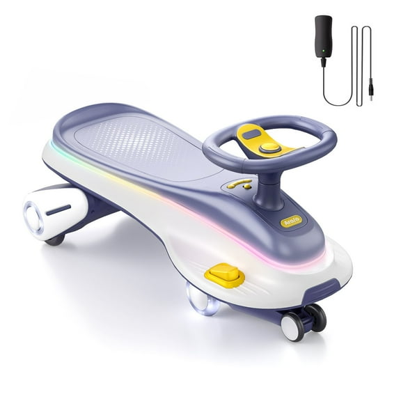 Babyomi 6V Large Classic Electric Wiggle Car with Glow wheels and Music, 2 Speed 2 in 1 Swing Car with Rechargeable Battery and Pedal for Ages 3 and Up Gifts, White-Blue