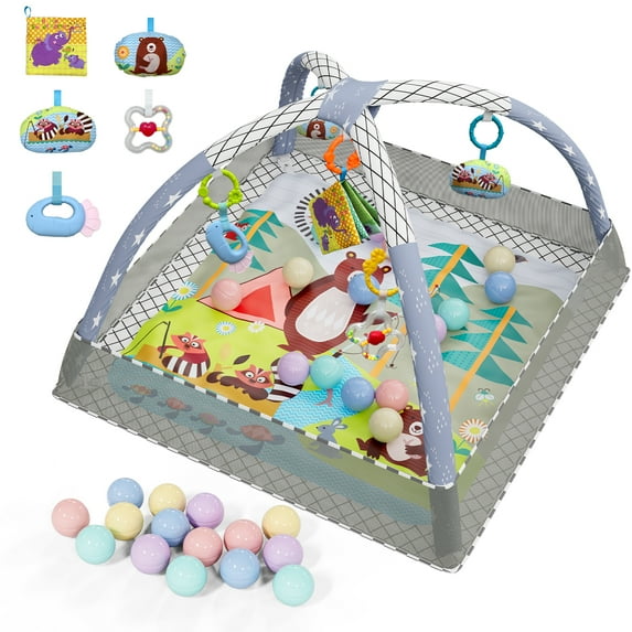 Babyomi Baby Activity Gym with 18 Balls & 5 Toys, Gym Baby Playmat Foldable Tummy Time Mat for Infants 0-12Month, Grey