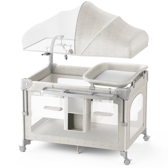 Babyomi Baby Bassinet with Changing Table, 5 in 1 Baby Bassinet Bedside Sleeper with Quick Collection Function and Storage Basket, Toys, Mosquito Net for 0-24 Months, Beige