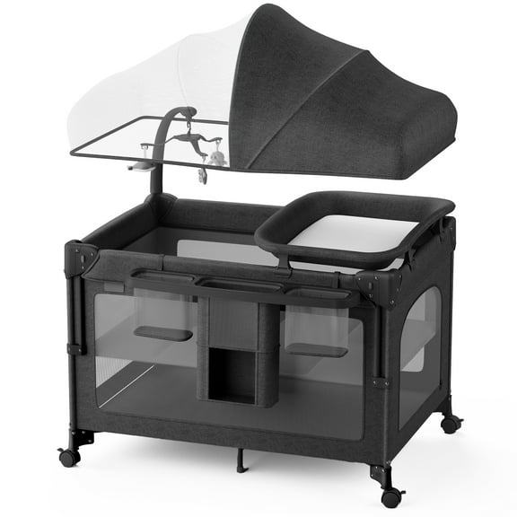 Babyomi Baby Bassinet with Changing Table, 5 in 1 Baby Bassinet Bedside Sleeper with Quick Collection Function and Storage Basket, Toys, Mosquito Net for 0-24 Months, Black