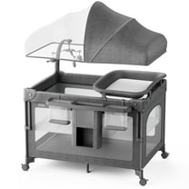 Babyomi Baby Bassinet with Changing Table, 5 in 1 Baby Bassinet Bedside Sleeper with Quick Collection Function and Storage Basket, Toys, Mosquito Net for 0-24 Months, Grey