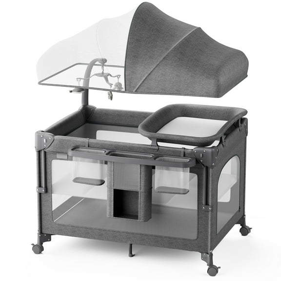 Babyomi Baby Bassinet with Changing Table, 5 in 1 Baby Bassinet Bedside Sleeper with Quick Collection Function and Storage Basket, Toys, Mosquito Net for 0-24 Months, Grey