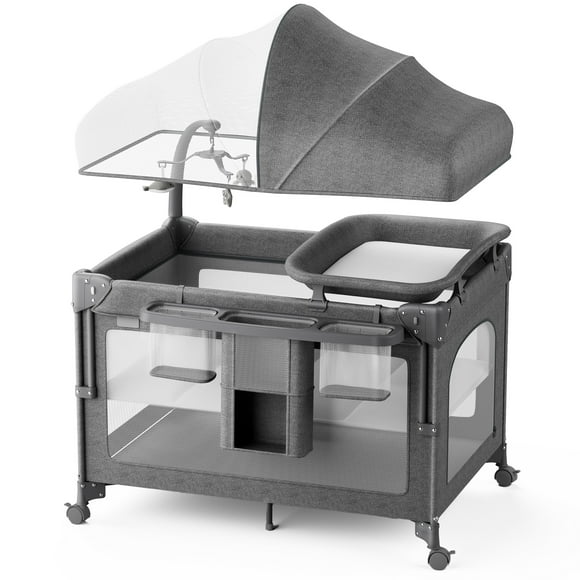 Babyomi Baby Bassinet with Changing Table, 5 in 1 Baby Bassinet Bedside Sleeper with Quick Collection Function and Storage Basket, Toys, Mosquito Net for 0-24 Months, Grey