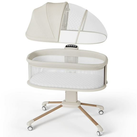 Babyomi Baby Bassinet, Bedside Infant Baby Bassinet with Electric Cradle and APPcontrol, Five Balances Wings Speed, Bedside Crib for Newborn, Beige