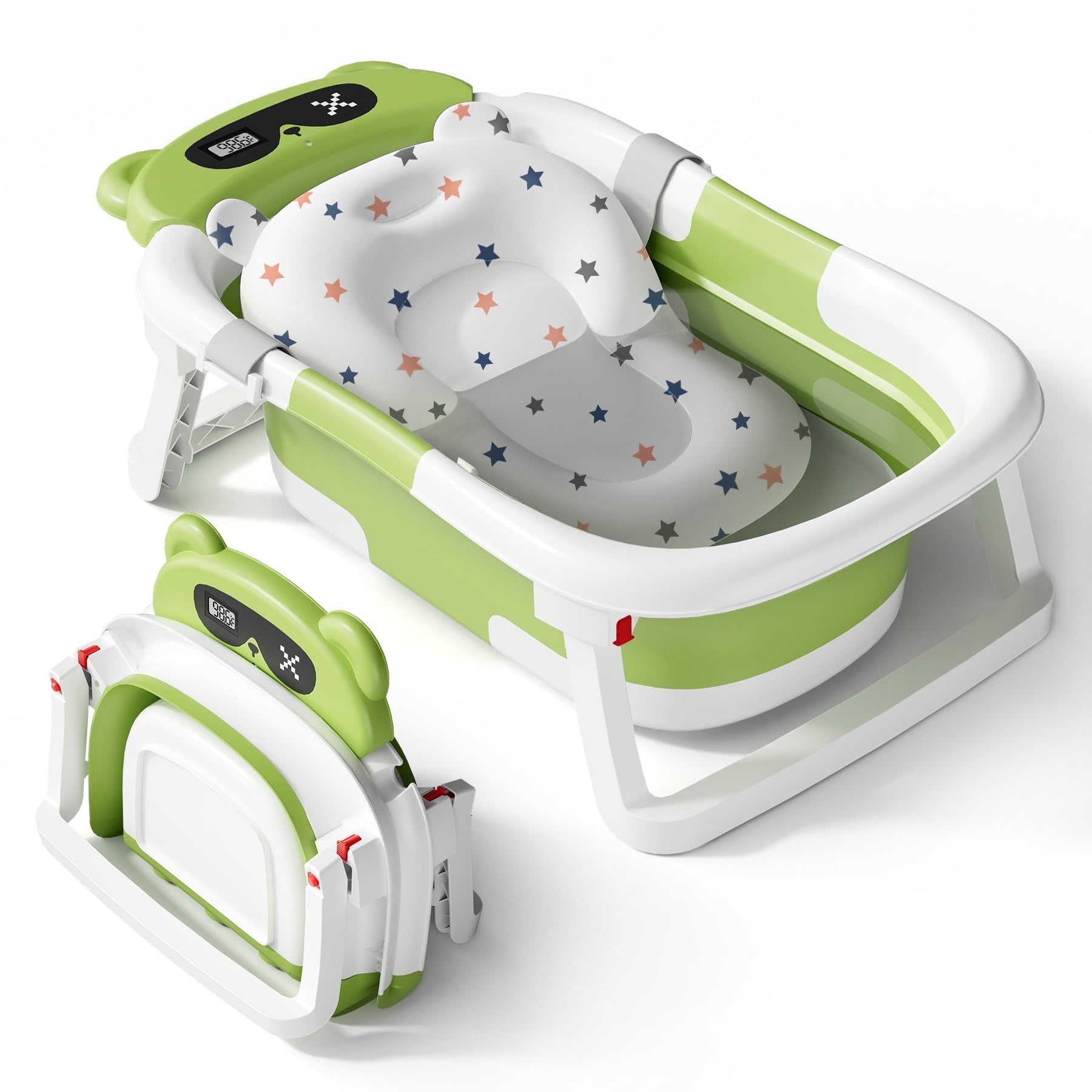 Babyomi Baby Bathtub with Durable Bath Tub and Cute Bear Thermometer, Soft Detachable Cushion No-Slip Hanging and Shower Hat, Foldable Bathtub for Newborn to Toddler, Green