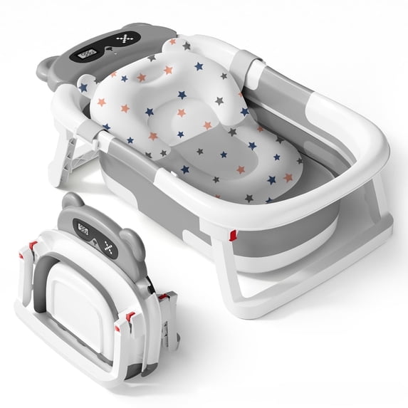 Babyomi Baby Bathtub with Durable Bath Tub and Cute Bear Thermometer, Soft Detachable Cushion No-Slip Hanging and Shower Hat, Foldable Bathtub for Newborn to Toddler, Grey