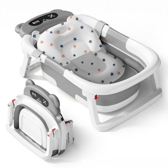 Babyomi Baby Bathtub with Durable Bath Tub and Cute Bear Thermometer, Soft Detachable Cushion No-Slip Hanging and Shower Hat, Foldable Bathtub for Newborn to Toddler, Grey