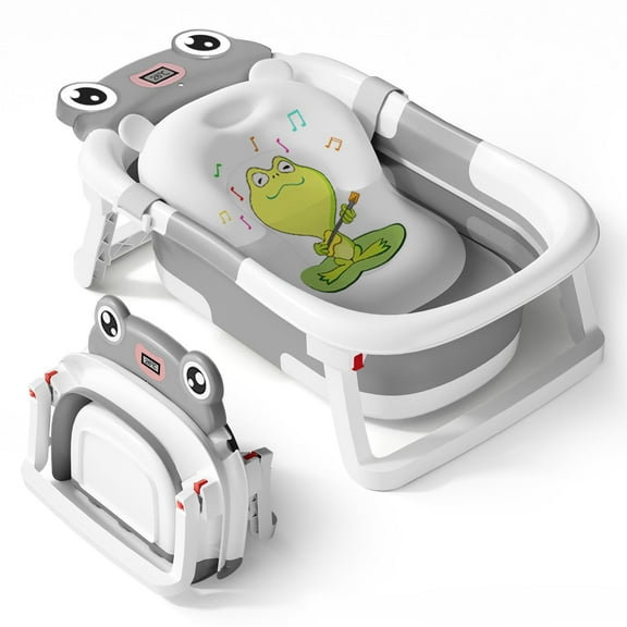 Babyomi Baby Bathtub Portable Baby Tub with Cute Bear Thermometer and Showerhead Holder, Bath Tub Thermostatic Drain Plug and No-Slip Feet Design to Newborn, Grey