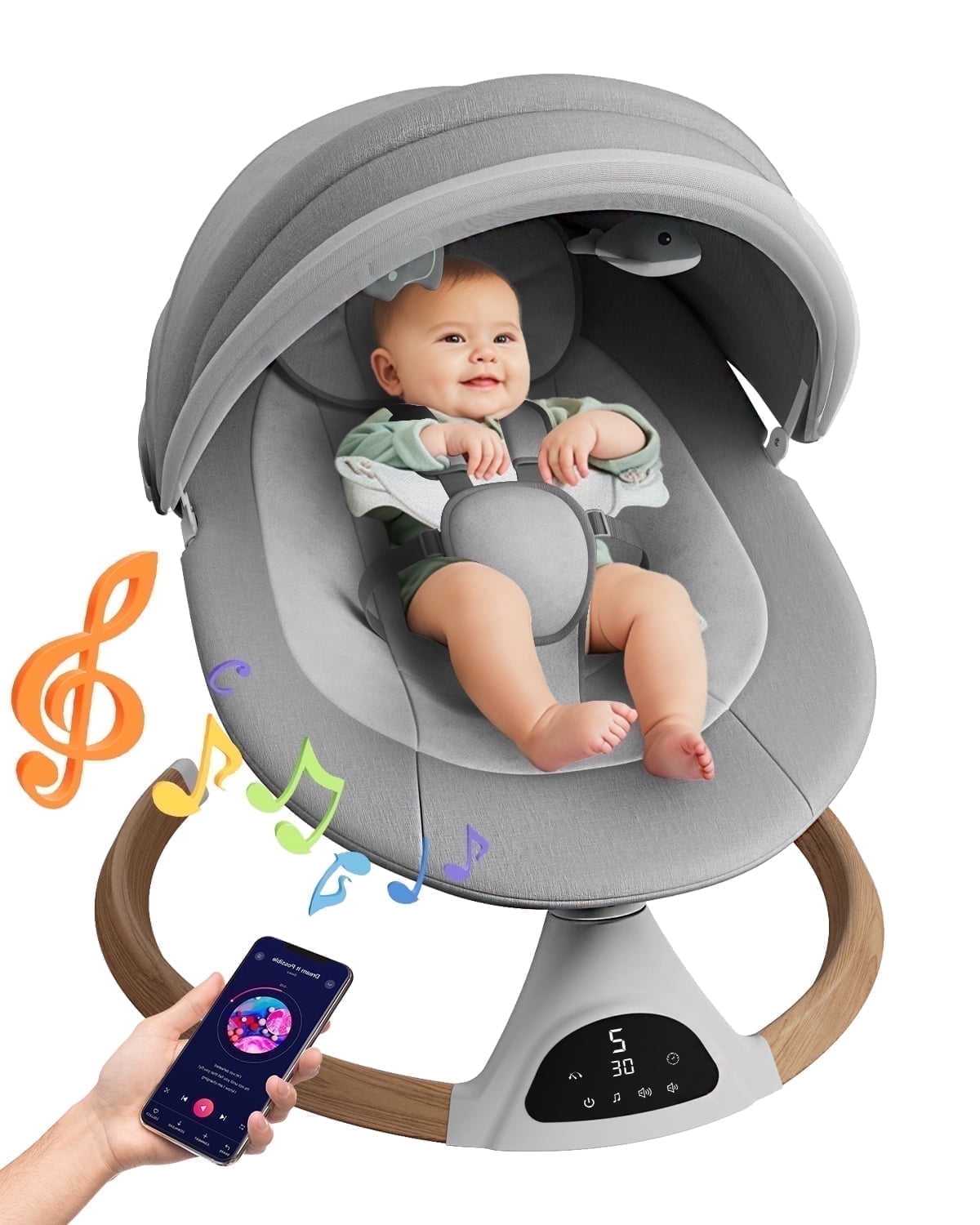 Babyomi Baby Swing for Infant, Electric Bluetooth Swing Rocker with 5 Sway Speeds& 10 nursery rhyme , Gray