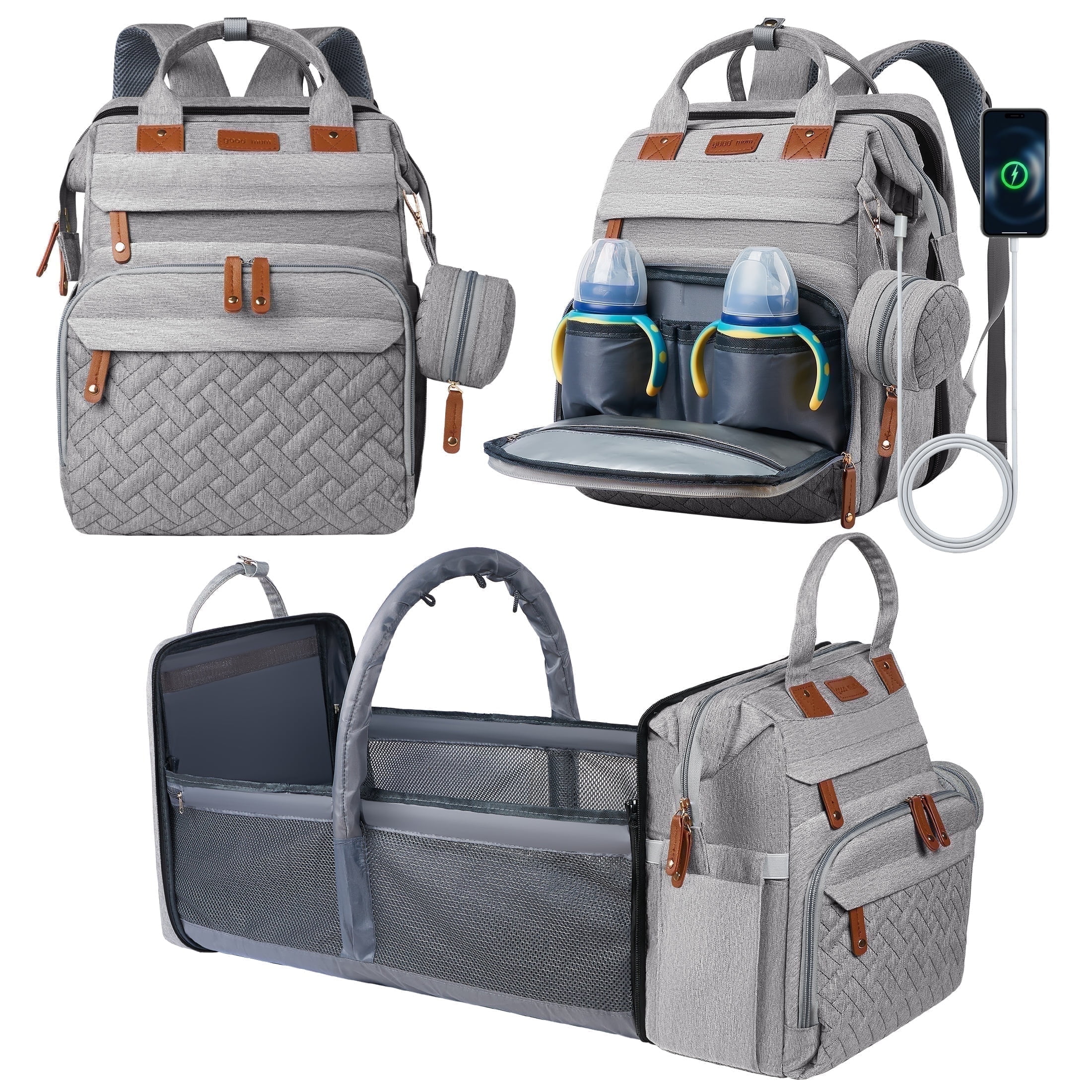 Babyomi Diaper Bag Backpack with Foldable Crib, USB Charging Port, Grey Travel Changing Station