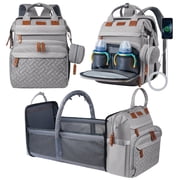 Babyomi Diaper Backpack with Changing Station, Foldable Crib, Insulated Pocket & USB Port, Large Travel Bag for Moms and Dads, Grey