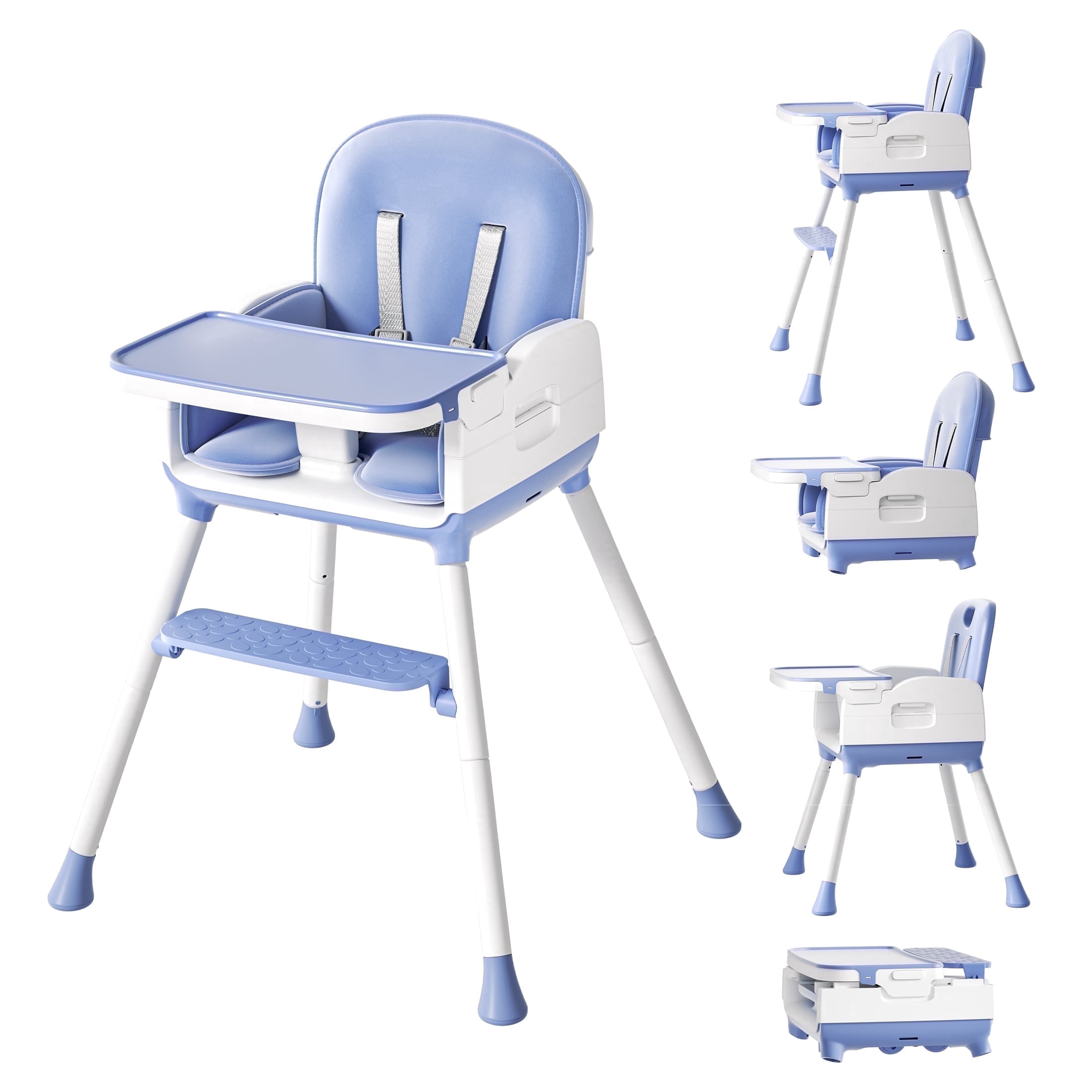 Babyomi 3-in-1 foldable Baby high chair, convertible highchairs for babies and toddlers with Adjustable Legs & Dishwasher Safe Tray, for6 months to 5 years old，blue