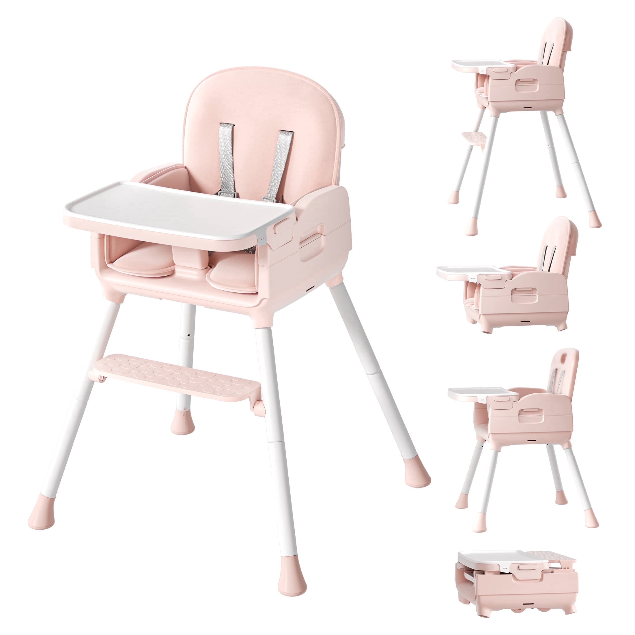 Babyomi 3-in-1 foldable Baby high chair, convertible highchairs for babies and toddlers with Adjustable Legs & Dishwasher Safe Tray, for6 months to 5 years old， Pink