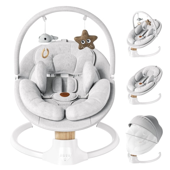 Babyomi Portable Baby Swings for Infants to Toddler, Electric Swing with Music Speaker, 3 Seat Positions , 5 Speeds, and Remote Control - Infant Swing for Indoor and Outdoor, Grey