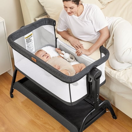 Babyomi Unisex Infant Flat, Baby Bassinet Bedside Sleeper with rocker Wheels and Storage Tray,4-Sided Mesh Bedside Bassinet Co Sleeper for Infant/Newborn,Black