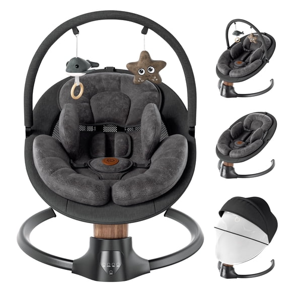 Babyomi Portable Baby Swings for Infants to Toddler, Electric Swing with Music Speaker, 3 Seat Positions , 5 Speeds, and Remote Control - Infant Swing for Indoor and Outdoor, Black