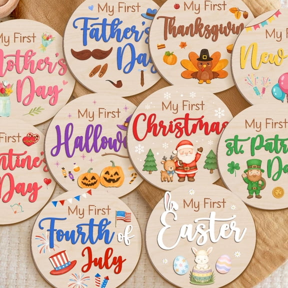 Babys First Holiday Milestone Discs Wooden Photo Prop Set
