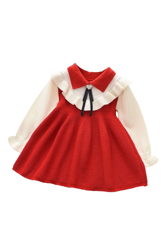 Babys Kids Toddlers Girls Patchwork Bow Tie Spring Winter Long Sleeve Ruffled Knit Sweater Princess Dress Clothes