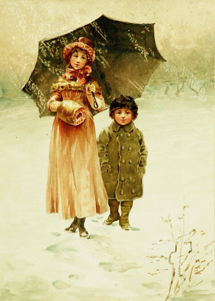 Babys Lullaby 1888 Children in snow with umbrella Canvas Art - William Taylor (24 x 36)