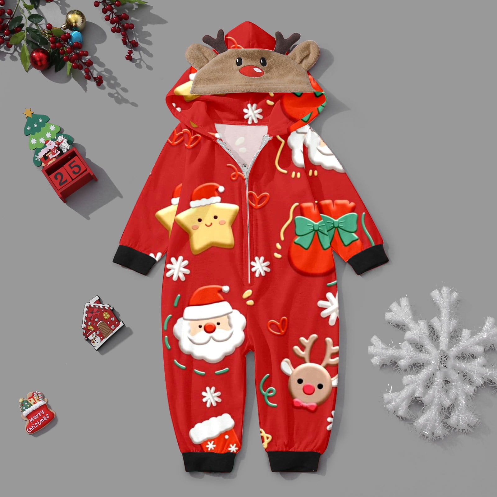 Babys Merry Christmas Sets Red Prints Hooded Zipper Jumpsuit Family
