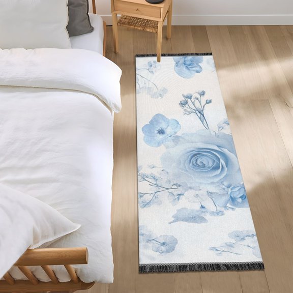 Babysbreath and Blue Roses Bedside Runner Rug 2'x 6' Non Slip Carpet Floor Mat Area Rug