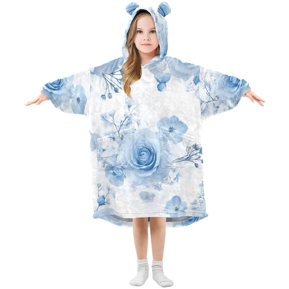 Babysbreath and Blue Roses Flannel Wearable Blankets Hooded Design Long Sleeves Wrap Unisex for 3T-14Y S