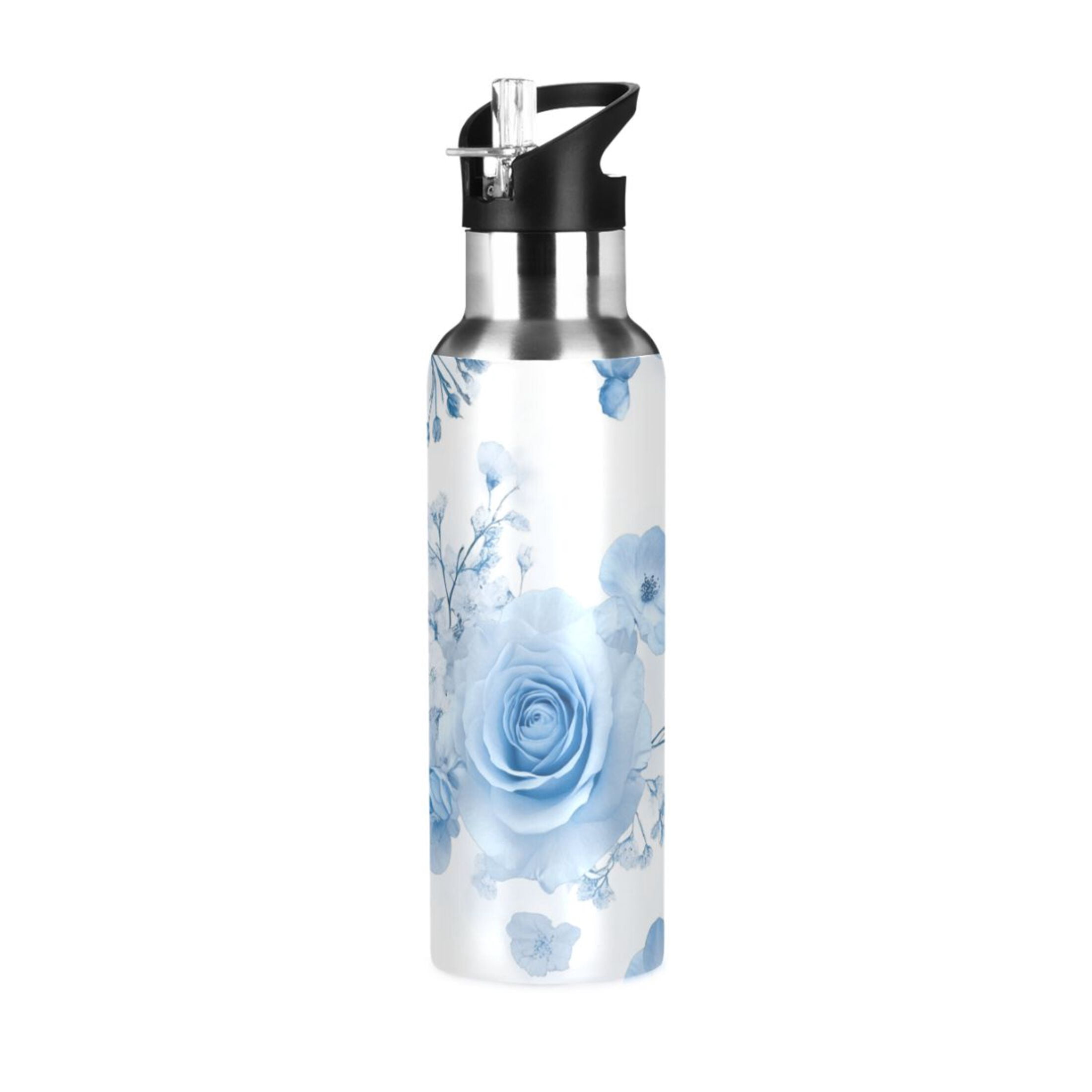 Babysbreath and Blue Roses Sports Bottle with Straw Stainless Steel Water Jug Portable Thermal Cup Leak-proof 1000ML