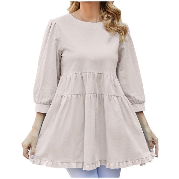 Babysbule Dresses for Women Spring Women's Wear Solid Color Round Neck Seven Point Sleeve Large Swing Loose Casual Top
