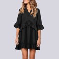 thumbnail image 1 of Babysbule 2022 Dresses for Women Clearance Women Solid V-Neck Ruffles Half Sleeve Swing Shift Loose Dress, 1 of 5