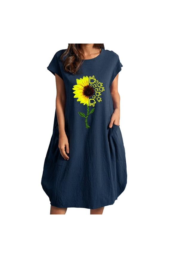 Dresses for Women Fashion Women Casual O-Neck Sunflower Print Plus Size Pocke