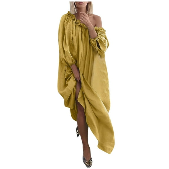 Babysbule Dresses for Women Women Plus Size Daily Casual Open Shoulder Vintage Loose Boho Maxi Dress