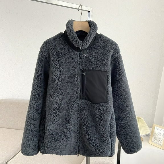 Babysbule Womens Winter Coats Ladies Fall-winter Zipper Loose Windproof Pocket Stand Collar Warm Lamb Wool Coat For Women